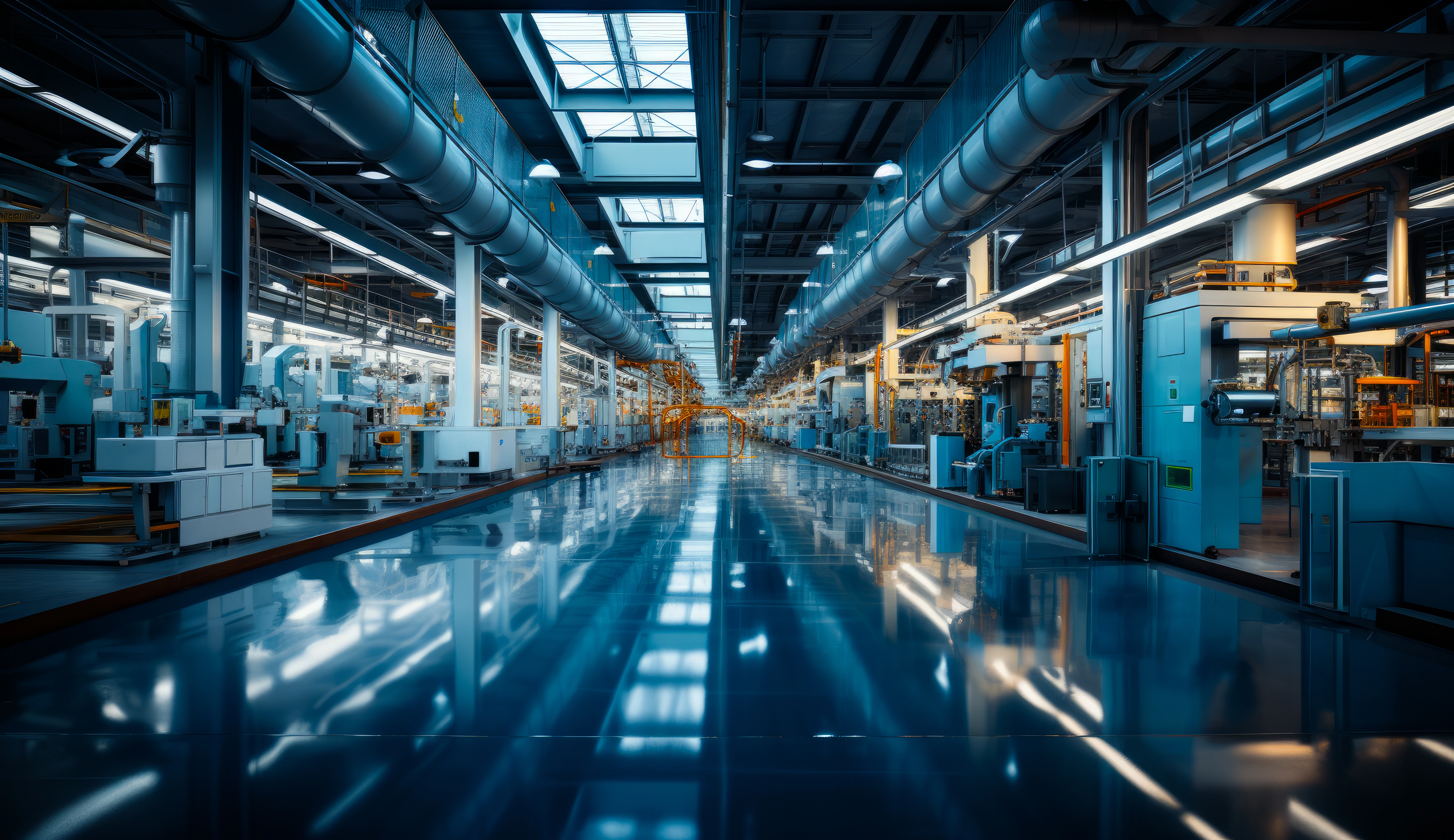 Wide view of a modern industrial factory interior with automated machinery and reflective floor.