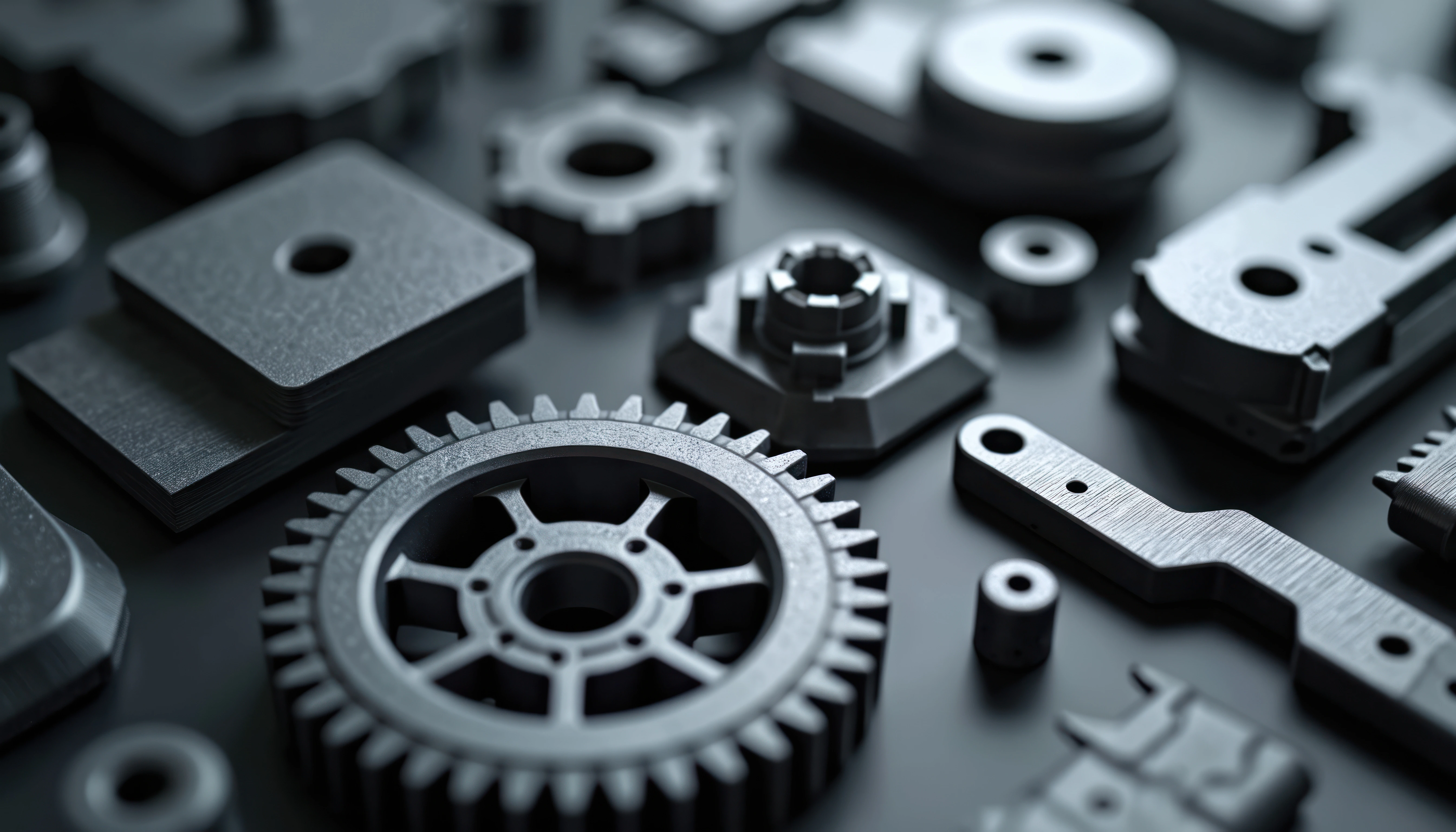 Close-up view of various metallic mechanical gears and parts arranged on a dark surface.