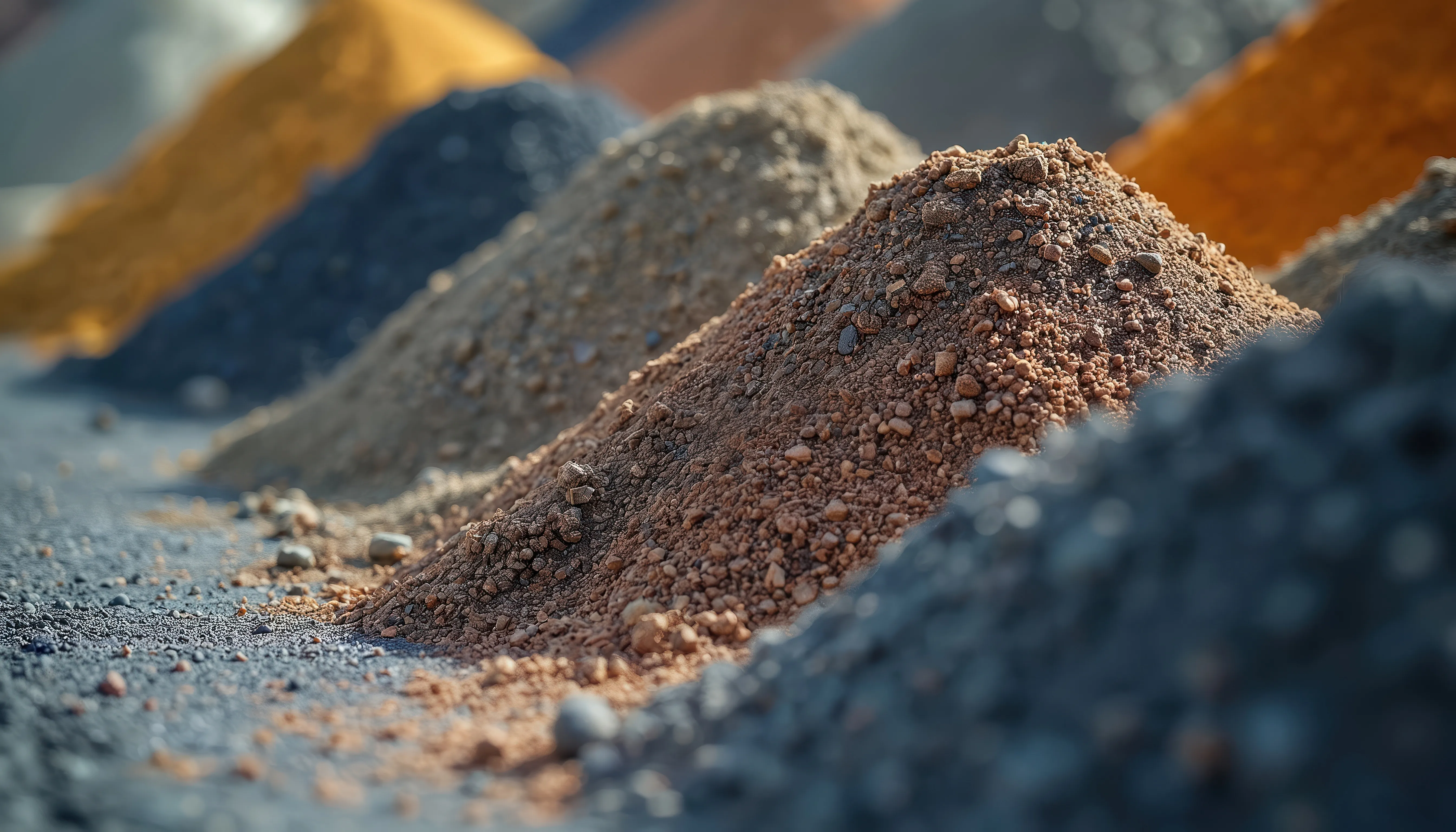 Close-up of several colored gravel and soil piles arranged in a row with a shallow depth of field.