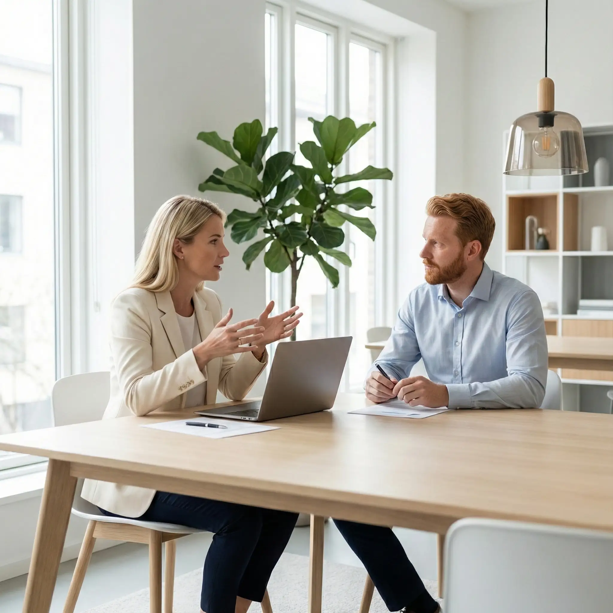 Man och kvinna diskuterar affär