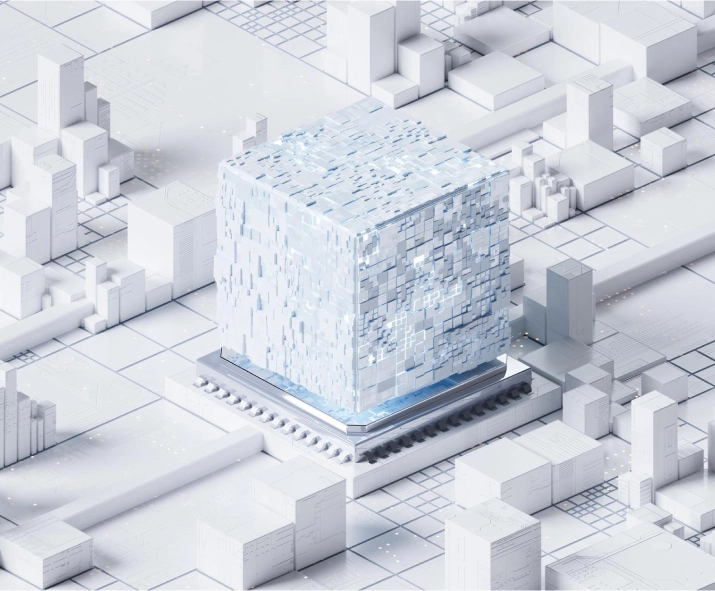 Futuristic white and blue digital cube with textured surfaces on a platform surrounded by a grid-like cityscape of abstract buildings and pathways.