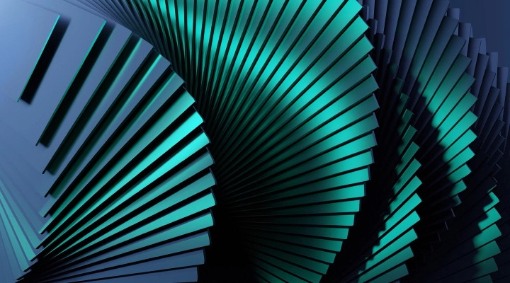 Abstract spiral structure with teal and black rectangular segments creating a dynamic twisting pattern.