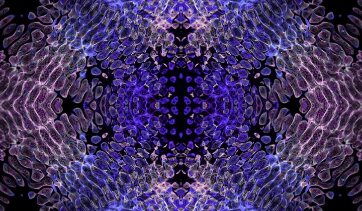 Symmetrical abstract pattern with blue and purple organic shapes on a black background.