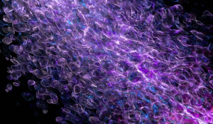 Abstract swirling pattern of purple and blue light trails on a black background.