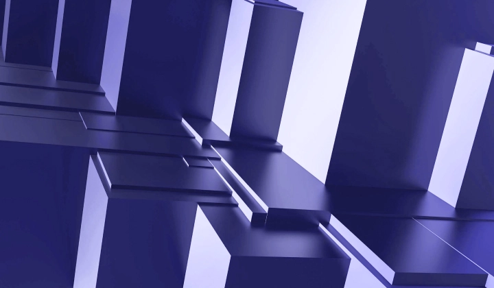 Abstract 3D geometric shapes with reflective surfaces in shades of blue and purple.