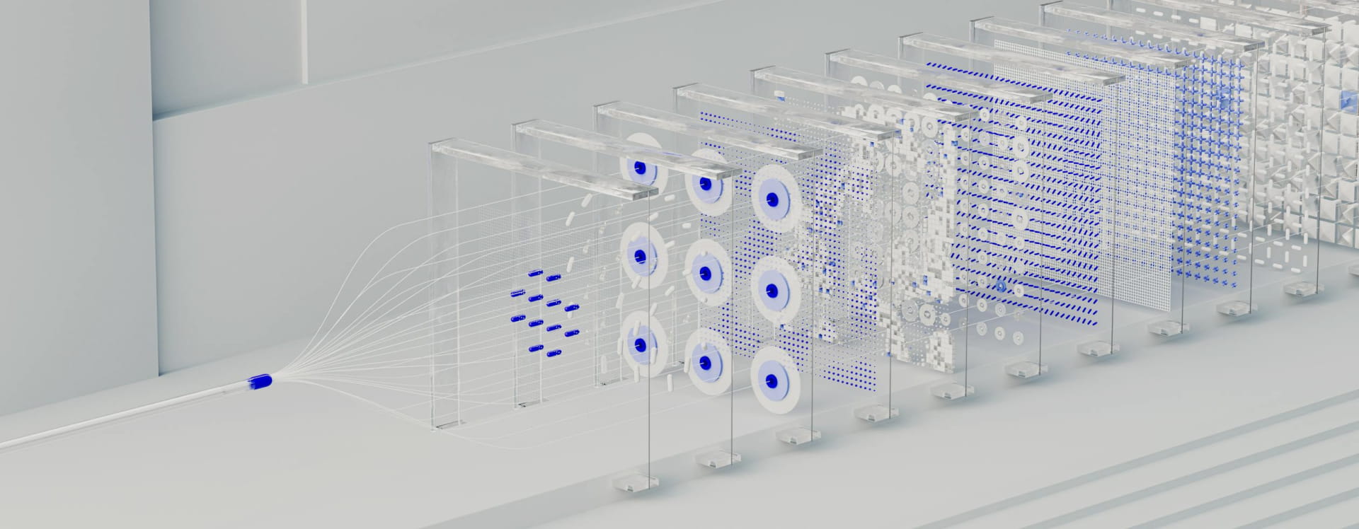 Abstract 3D visualization of layered transparent panels with blue and white circular and dotted patterns connected by white lines, representing data processing or technology.
