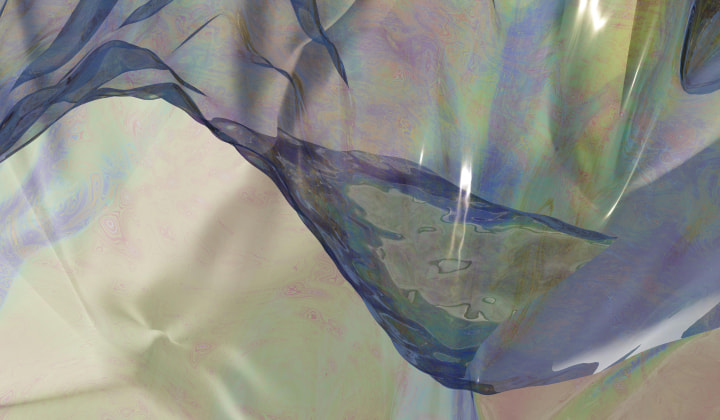 Close-up of translucent, iridescent fabric or plastic with flowing folds in soft pastel colors.