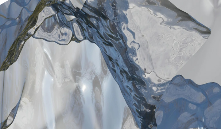 Close-up of translucent and textured flowing blue and gray glass-like material with light reflections.