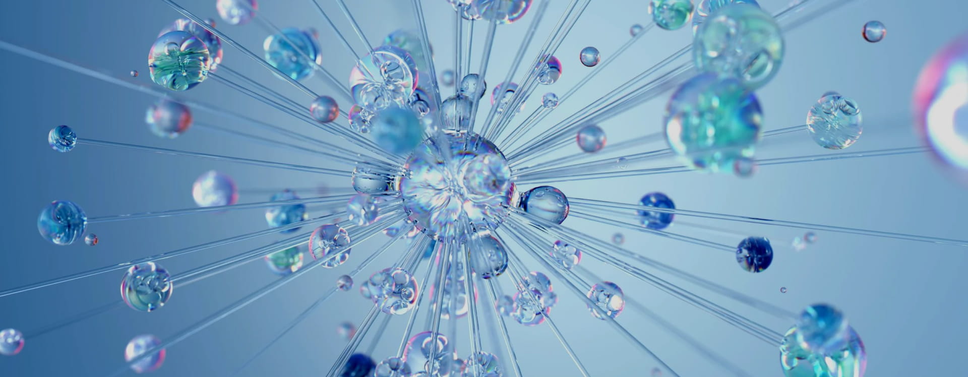 Abstract network of transparent spheres connected by thin rods on a blue background.