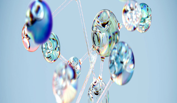 Close-up of transparent, iridescent molecular structures connected by thin links against a light blue background.