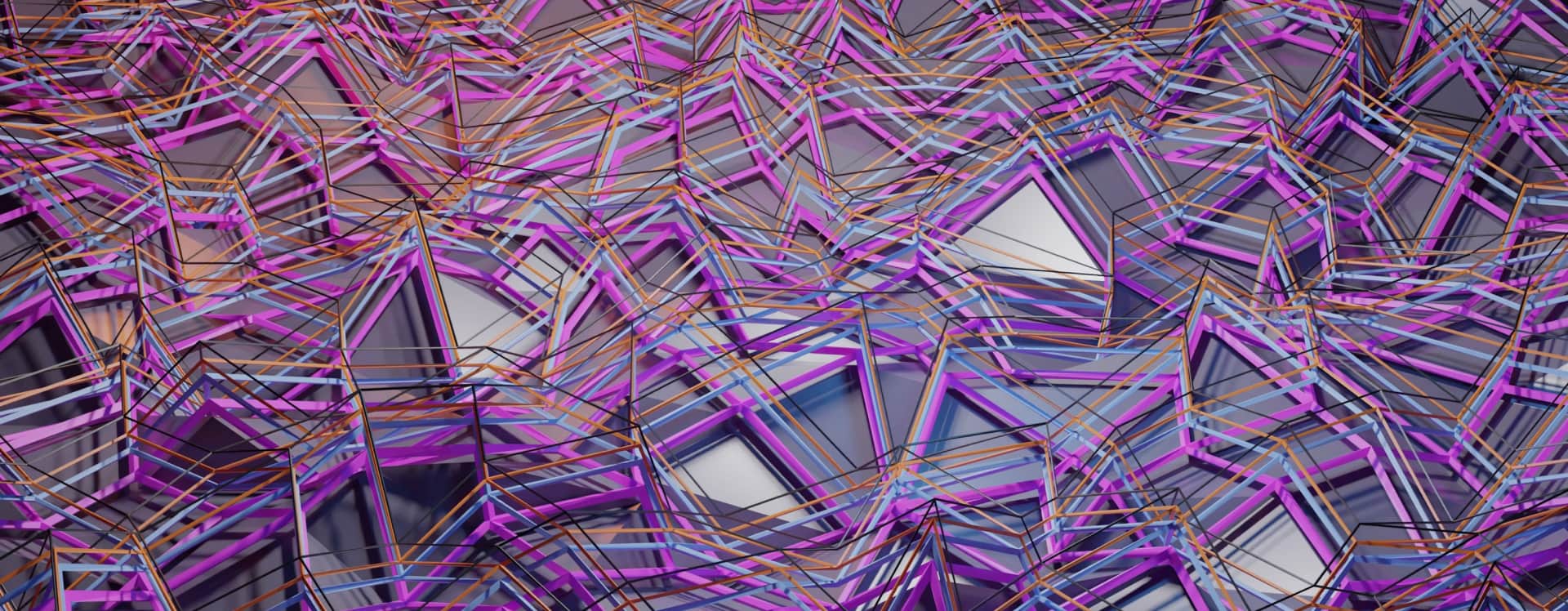 Abstract geometric pattern of overlapping translucent pentagonal shapes in purple, blue, and orange tones.