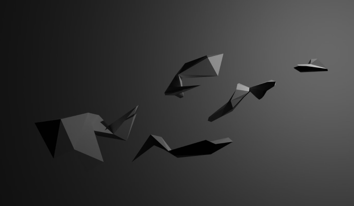 Abstract black geometric shapes floating on a dark gray gradient background.
