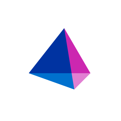 Abstract three-dimensional triangular prism composed of blue and magenta faces.