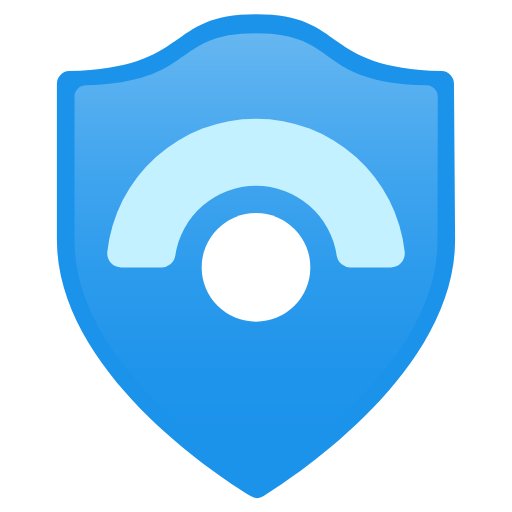Blue shield icon with a white circle and a light blue semicircle above it in the center.