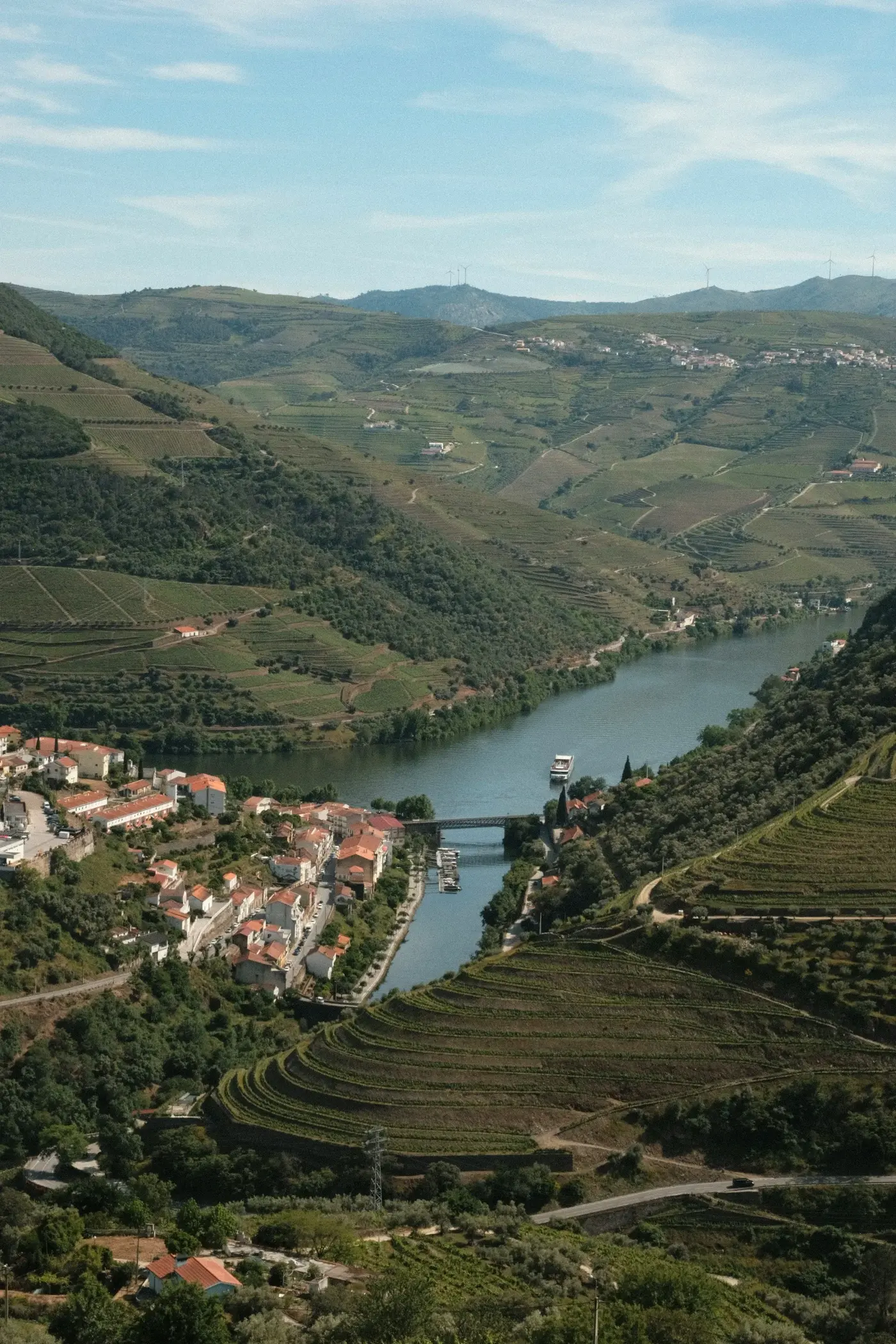 Aerial view of a river winding through a valley with terraced vineyards and a small village with red-roofed houses beside the water.