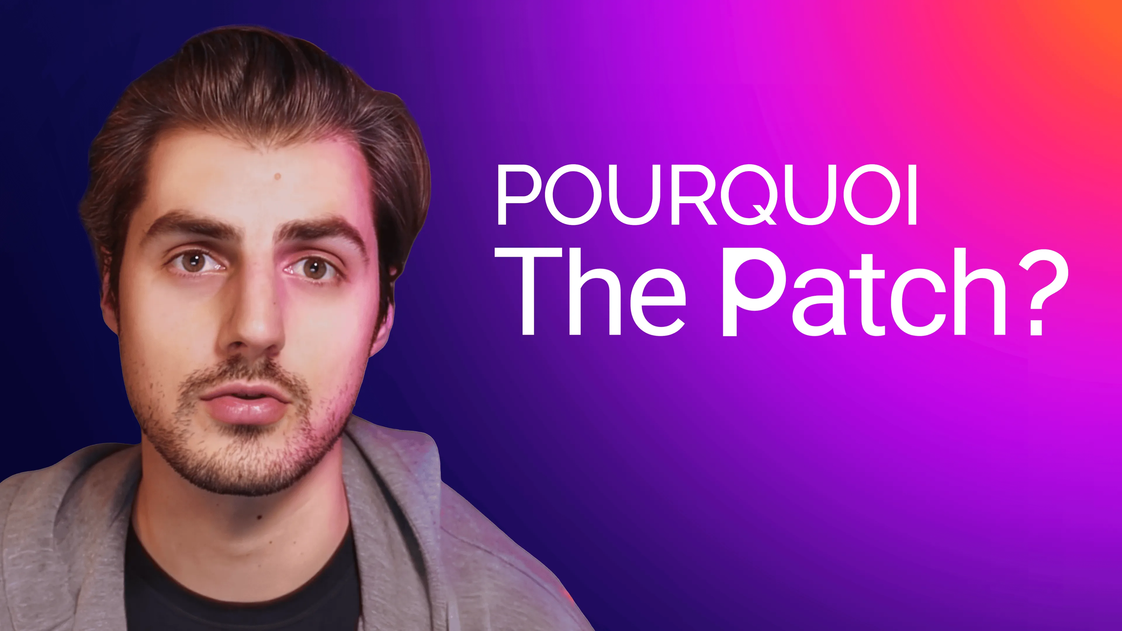 Jokariz - Un homme avec un sweat à capuche gris regarde la caméra sur un fond dégradé violet et rose avec le texte blanc « POURQUOI Prepwise ? ».