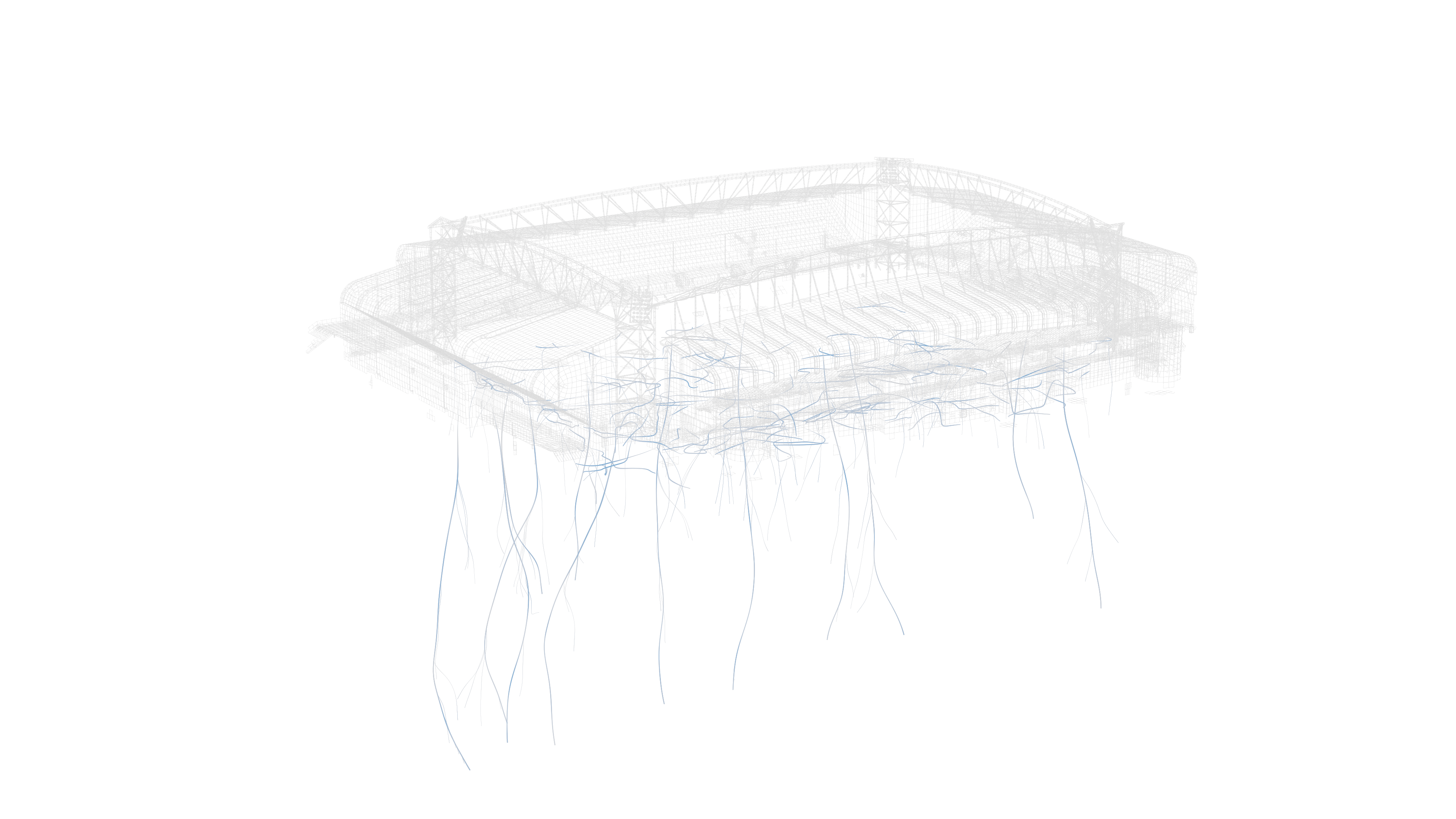 3D wireframe model of a stadium structure with foundation supports extending downward, set against a black background.