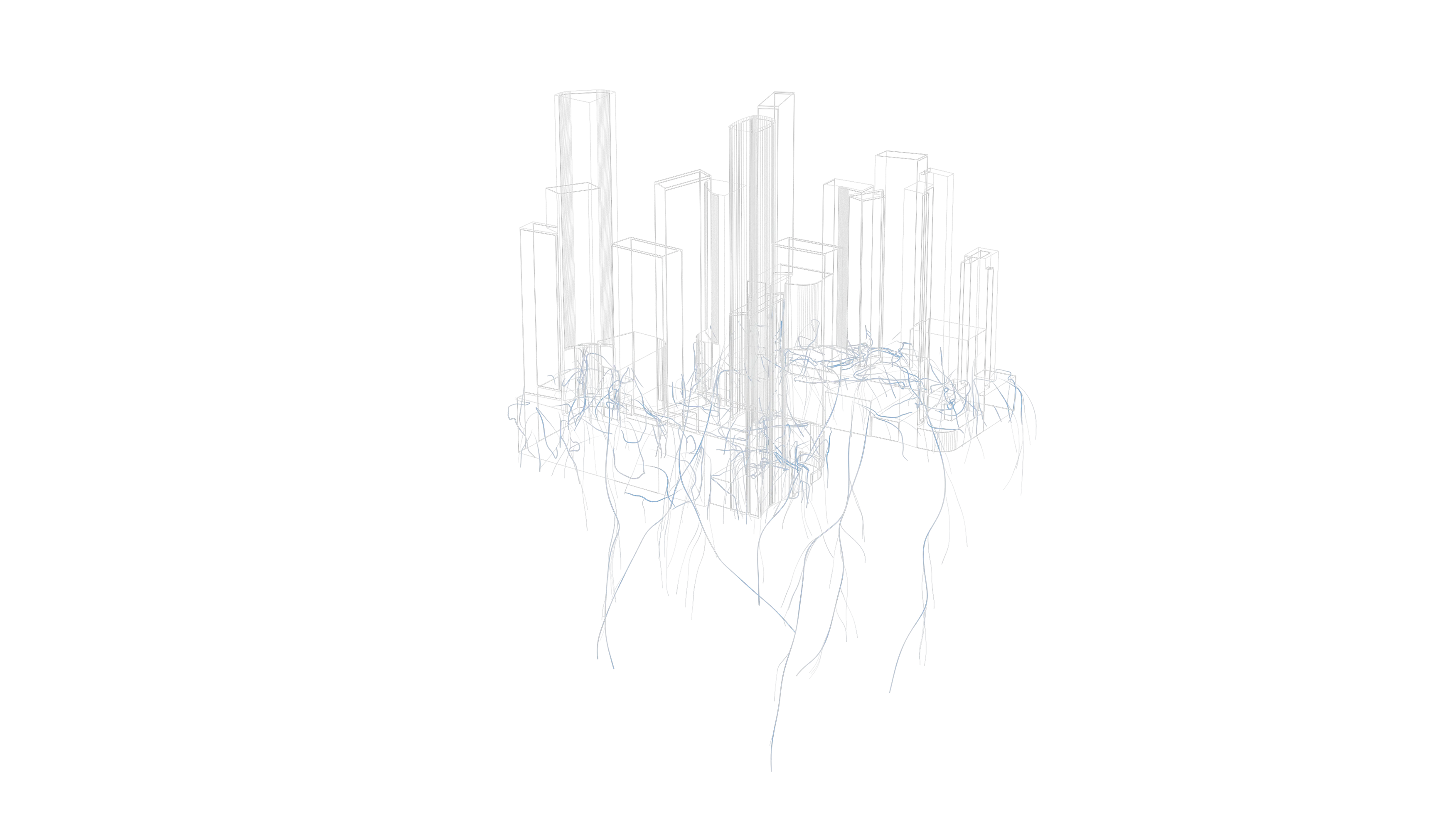 Wireframe model of multiple tall buildings with root-like structures extending downward from the base.