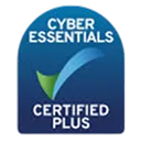 Cyber Essentials Certified Plus badge with a checkmark and a leaf design on a blue background.