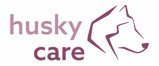 Logo mit stilisiertem Hundeprofil und Schriftzug husky care.
