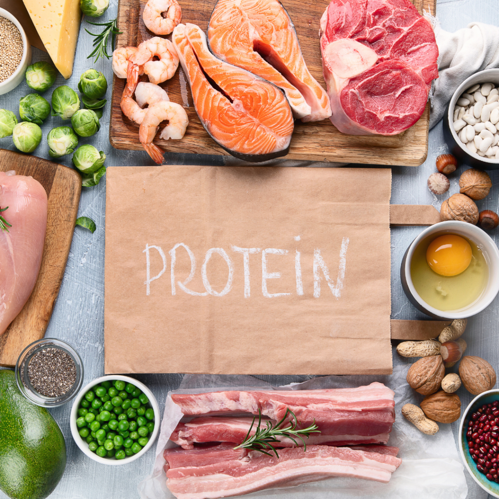 Table with protein rich foods surrounding the written word 'protein'.