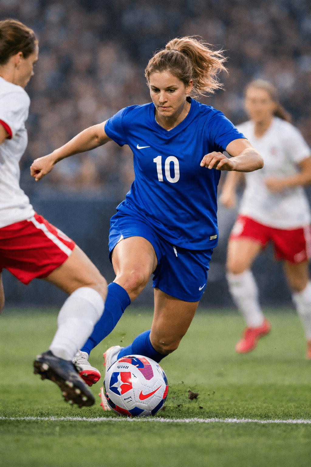 Female youth soccer player competing in a match, representing iron deficiency and athletic performance in young athletes