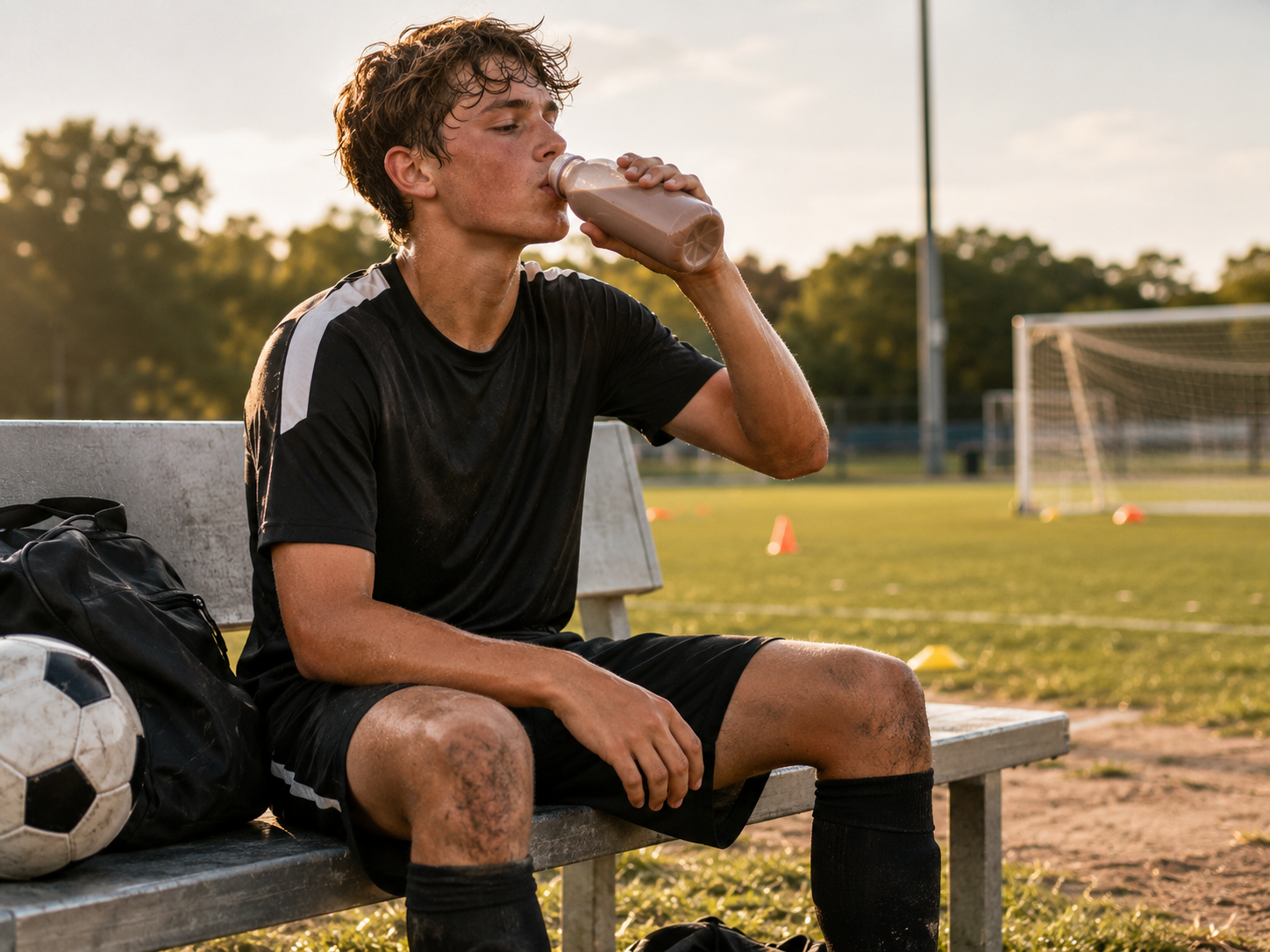 Competitive youth soccer player drinking chocolate milk after training session for post-workout recovery
