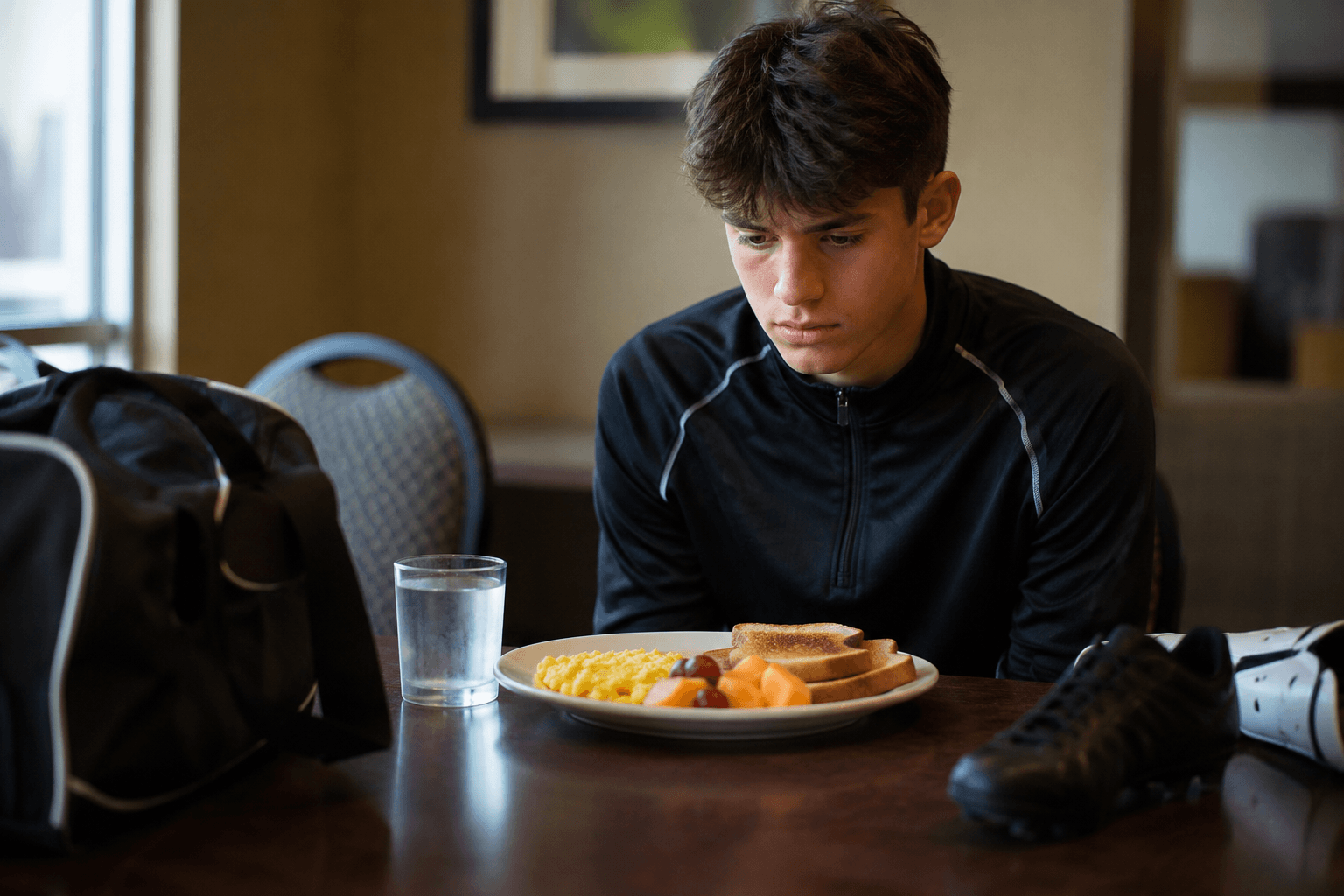 Young soccer player sitting alone with an untouched breakfast before a showcase game, too nervous to eat
