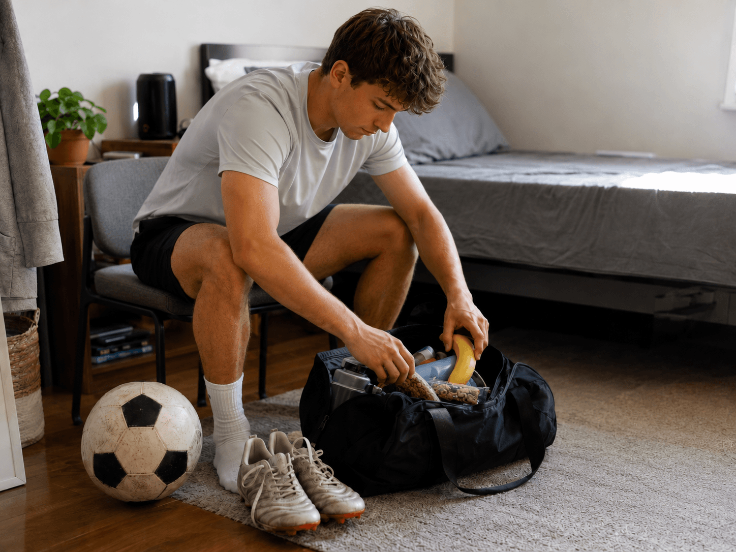 College soccer player packing a gym bag with snacks before leaving for campus, preparing to fuel independently