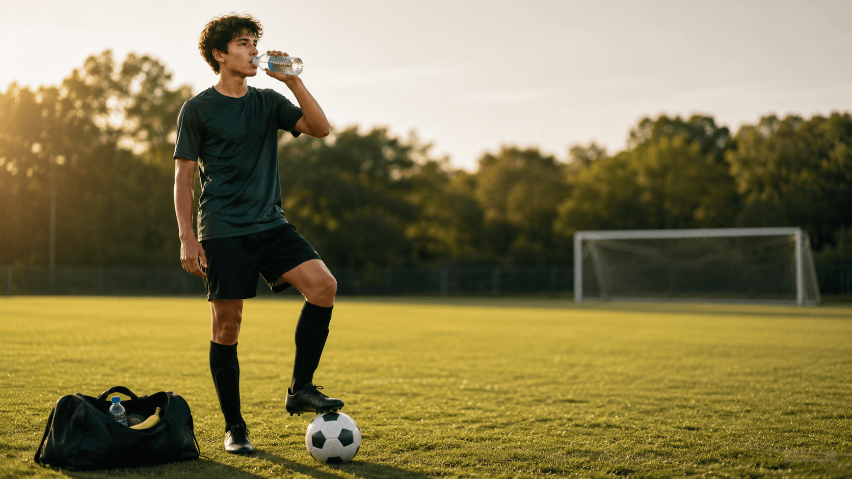 Youth soccer player during a preseason training session, pausing to hydrate and refuel.