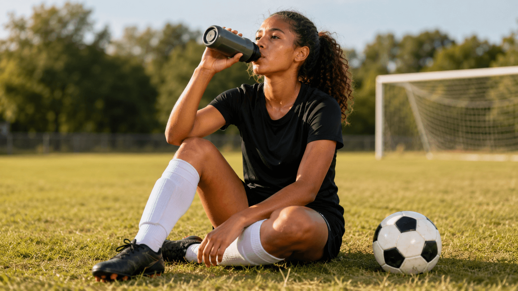 Youth soccer player drinking from a water bottle on a hot summer field, illustrating hydration for young soccer players.