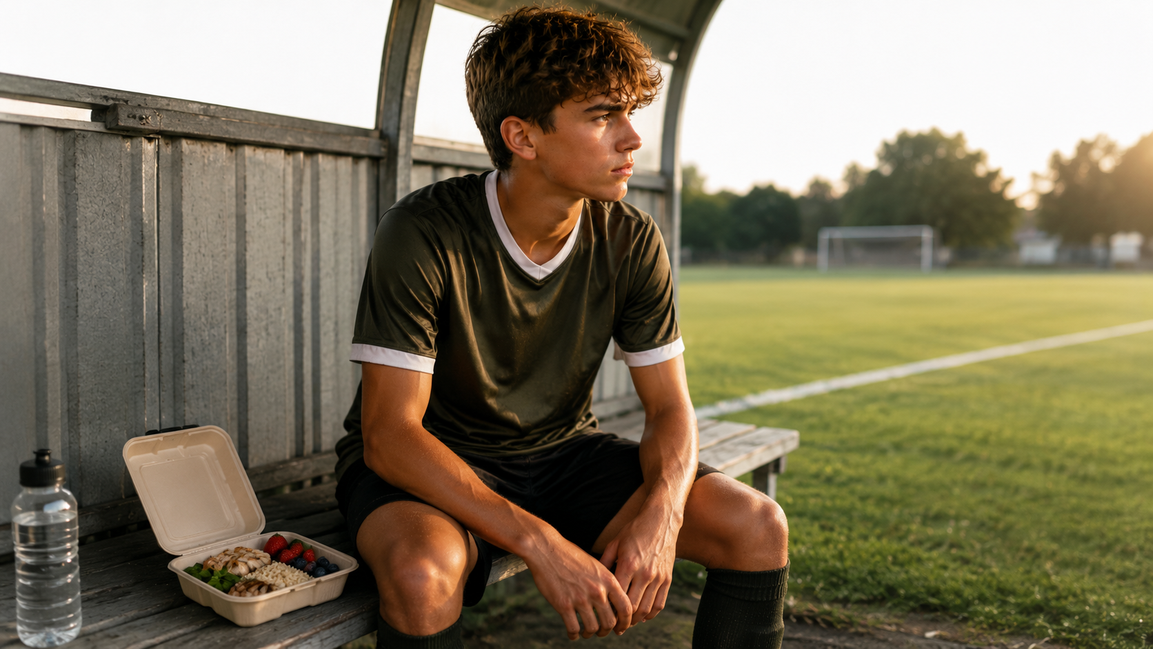 Teenage soccer player sitting on a bench beside a full plate before a game, illustrating pre-game meal timing for soccer players.