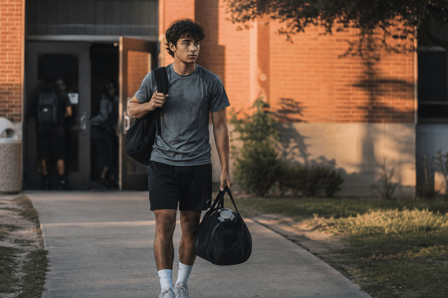 High school soccer player walking out of school with a backpack and kit bag in late afternoon, heading to practice after a long school-day fueling gap.
