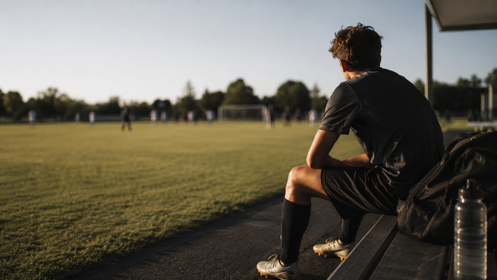 Youth soccer substitute in a training bib waiting on the sideline bench during a match, the scenario behind pre-game nutrition planning for players with unknown playing time.