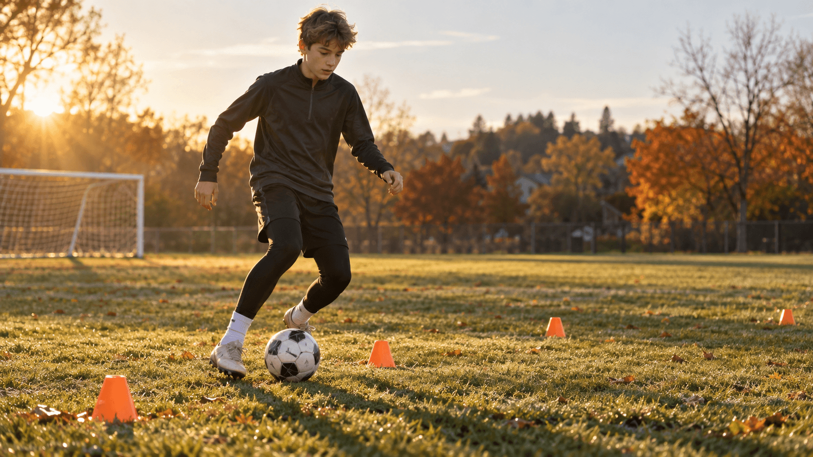Youth soccer player training on an outdoor field in low fall sunlight, illustrating seasonal vitamin D production in soccer players.