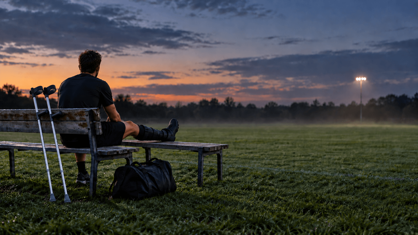 An empty soccer sideline bench at dusk with a kit bag beside it, illustrating an injured soccer player's time away from training.