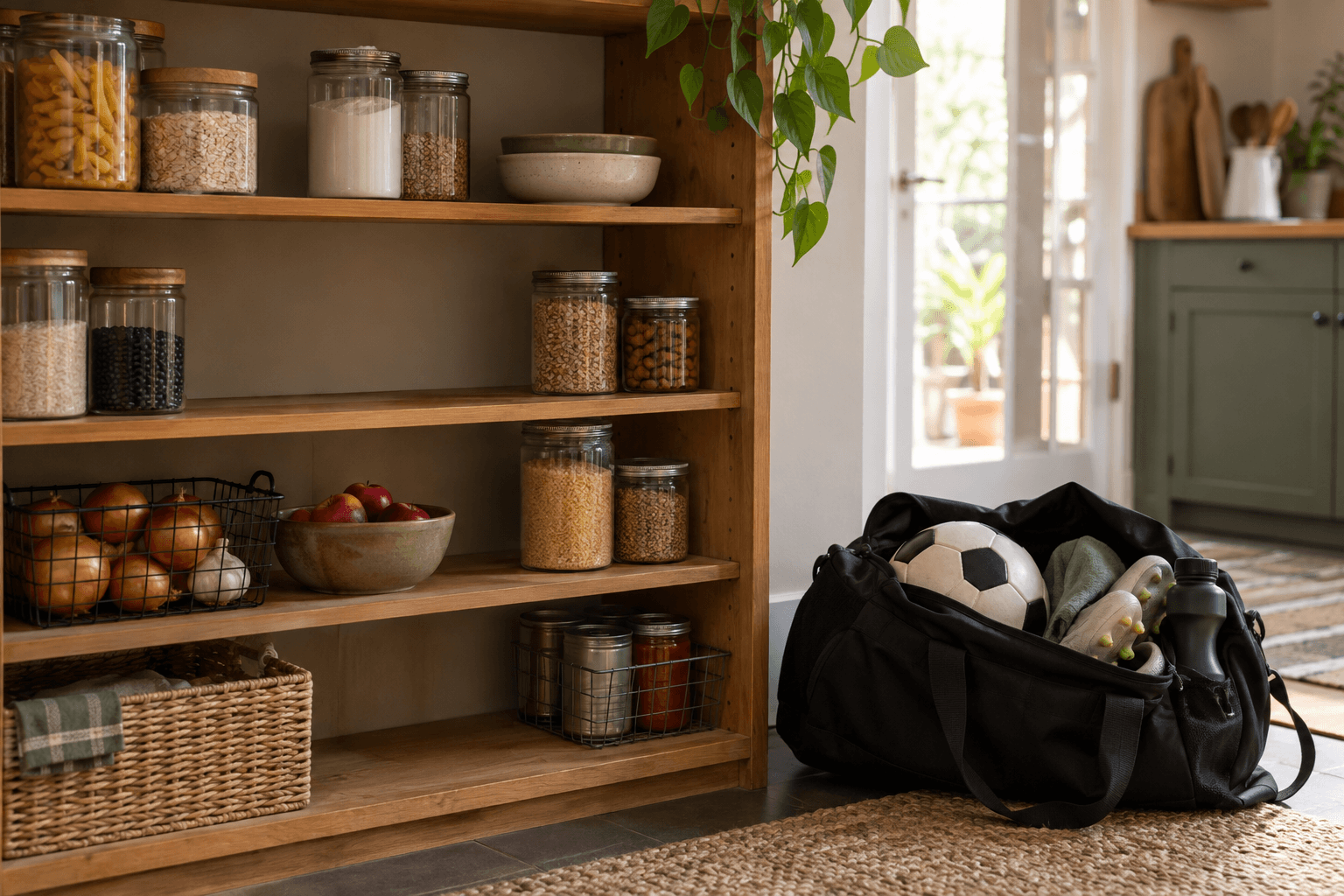 An open pantry shelf with a few empty gaps next to a packed soccer bag, showing what leaves the kitchen when an athlete cuts seed oils.