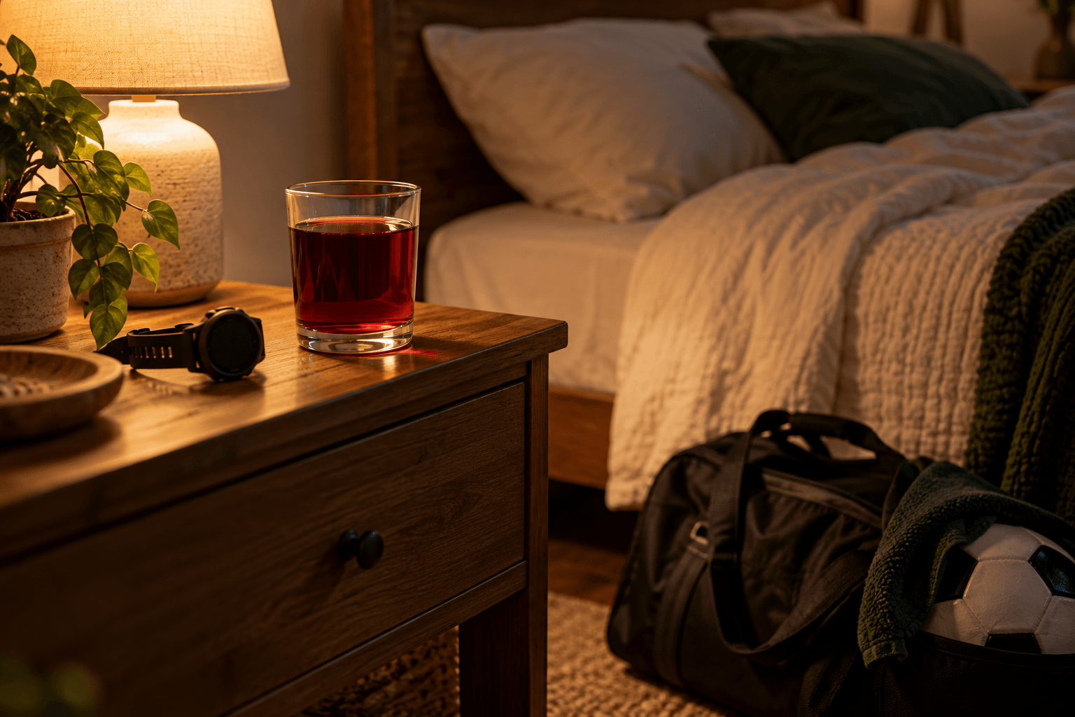 A nightstand with a lamp, a glass of tart cherry juice and a sports watch beside a soccer bag, showing the sleepmaxxing stack athletes build before bed.