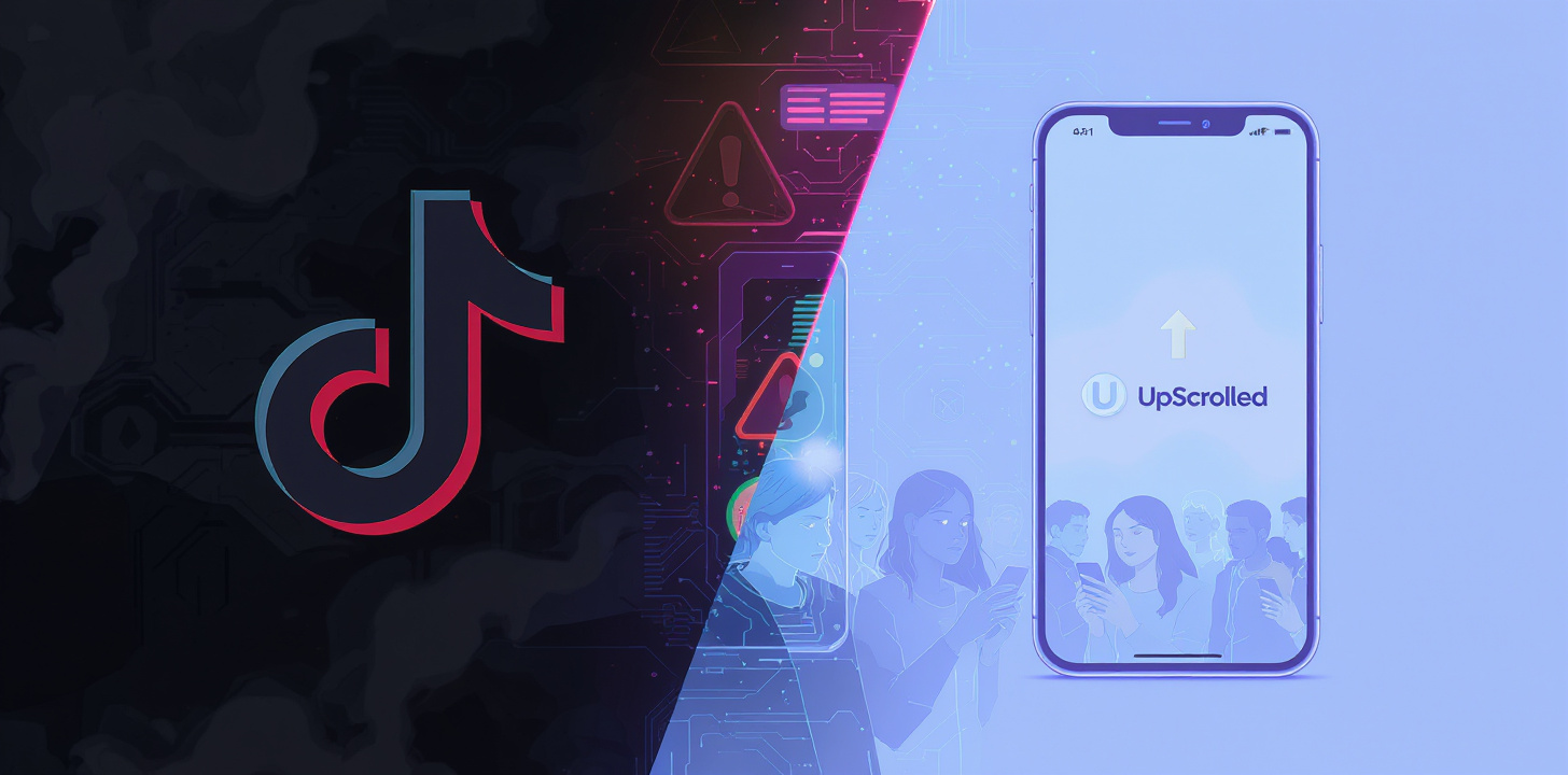 Illustration featuring a split design with the TikTok logo and a smartphone displaying the 'UpScrolled' app.