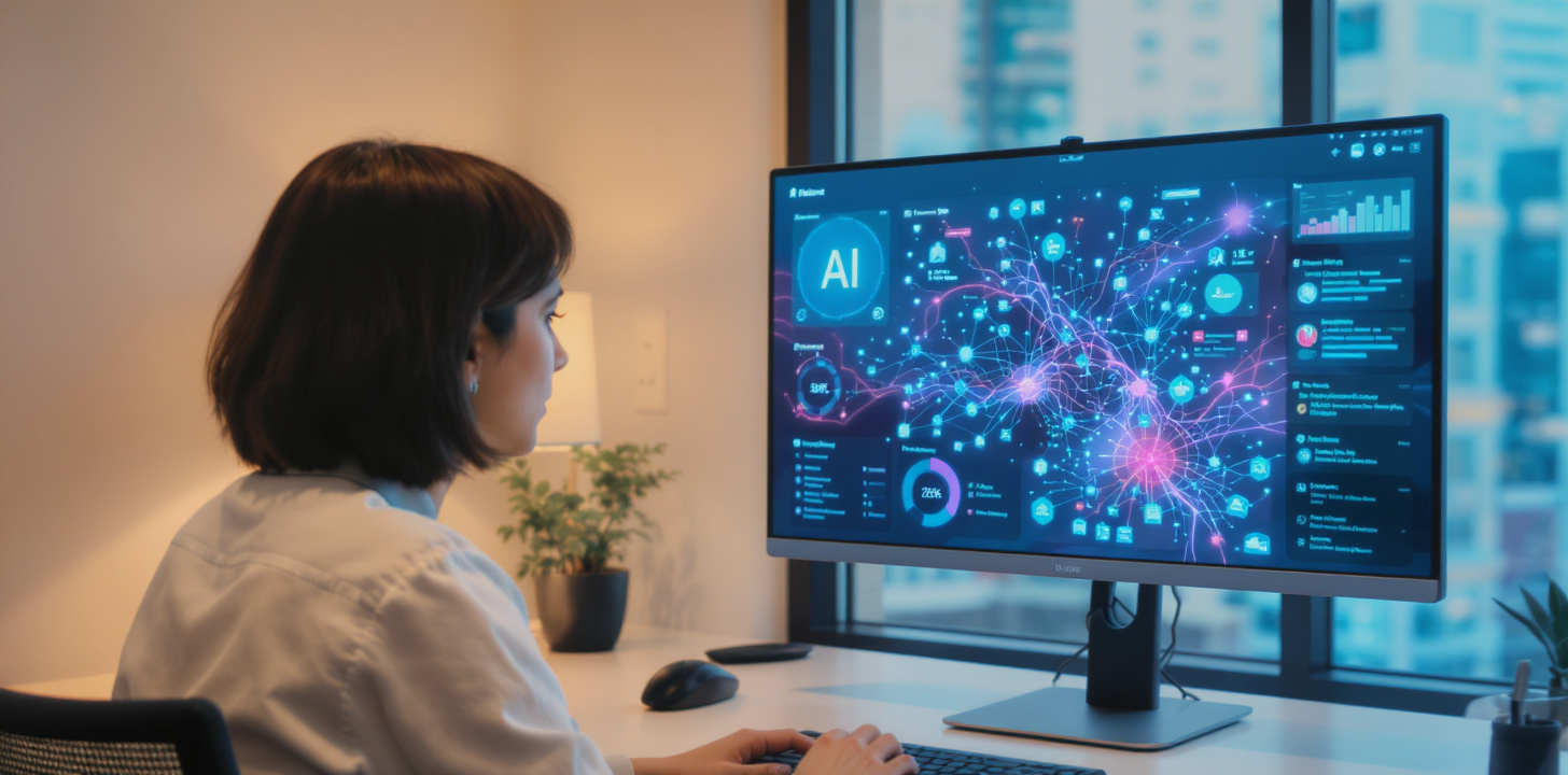 Person analyzing AI generated data on a computer screen with charts and graphs.