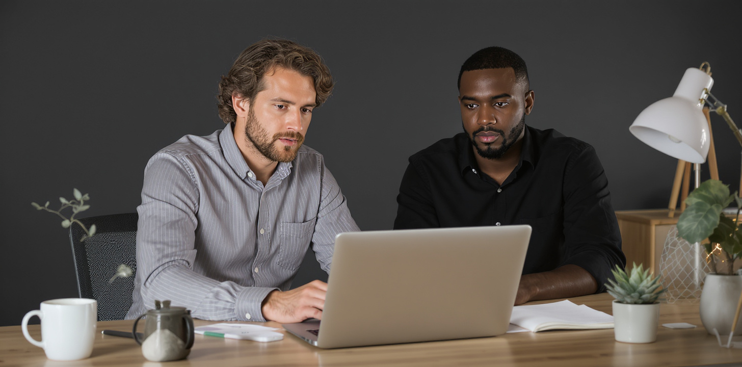 Two men working together on a laptop at a desk