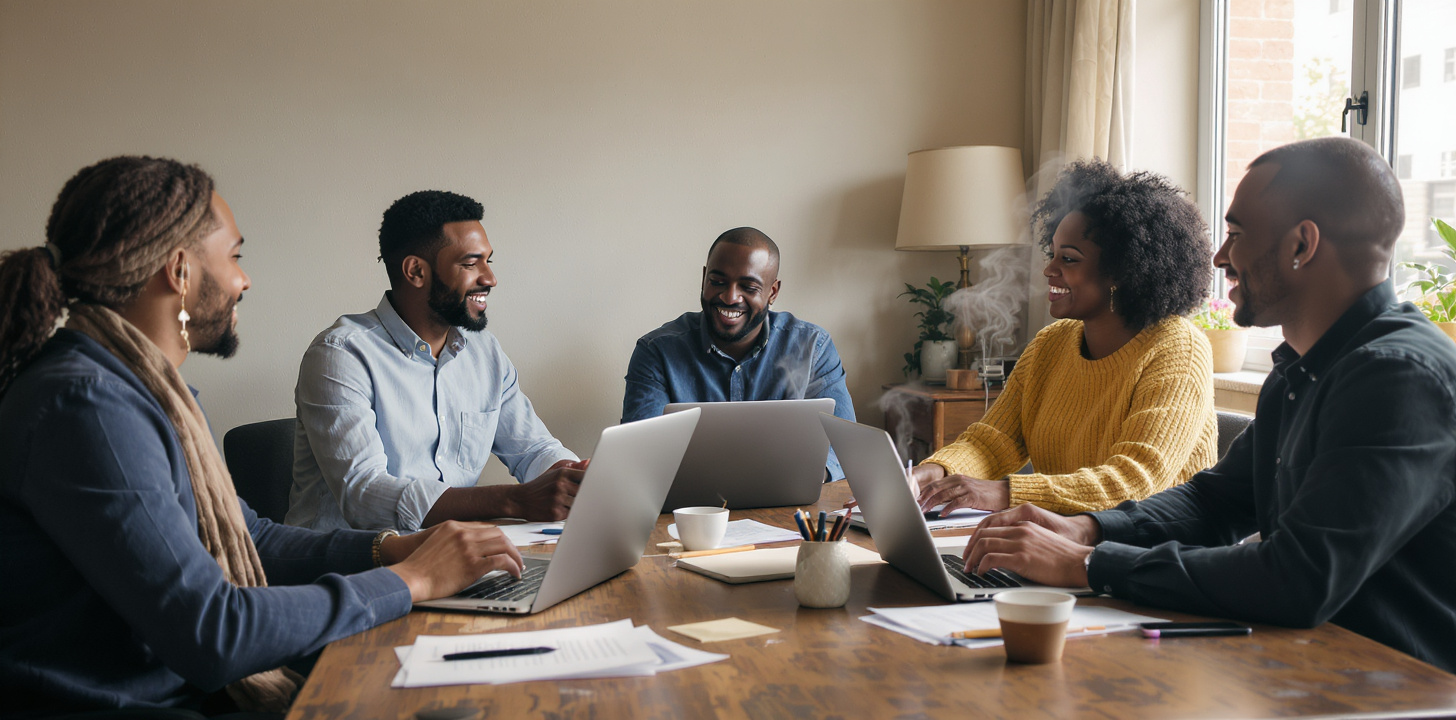 A diverse group of professionals having a meeting around a table with laptops and documents.