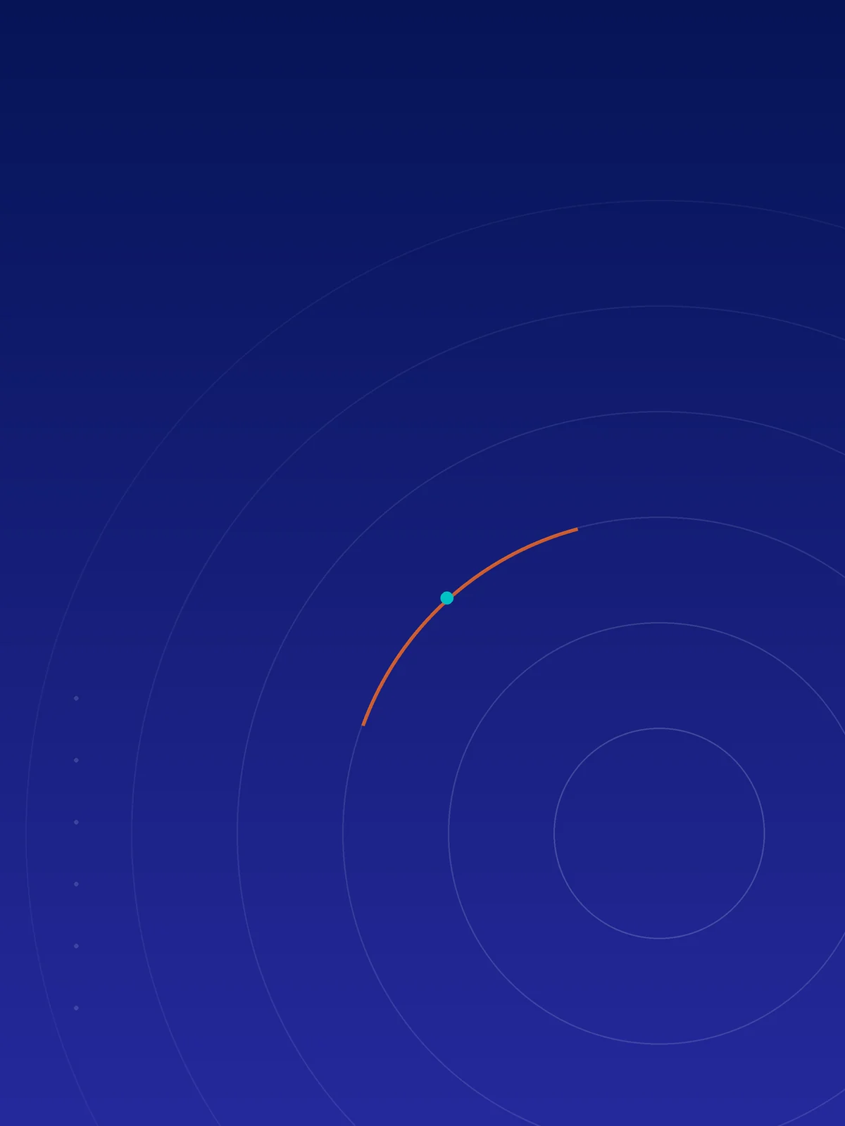 Abstract navy gradient with concentric rings, an orange arc and teal node
