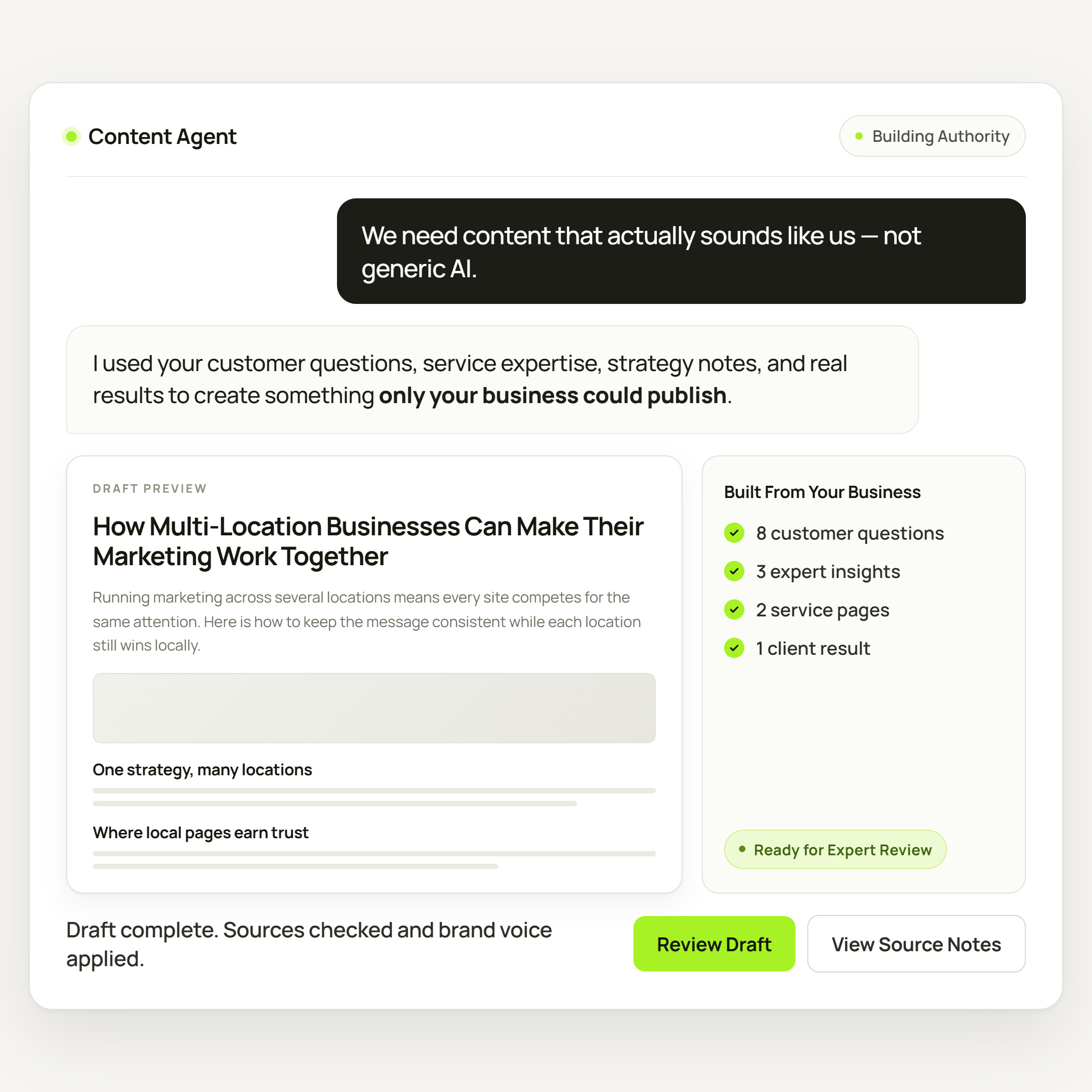 Content Agent article and content creation interface