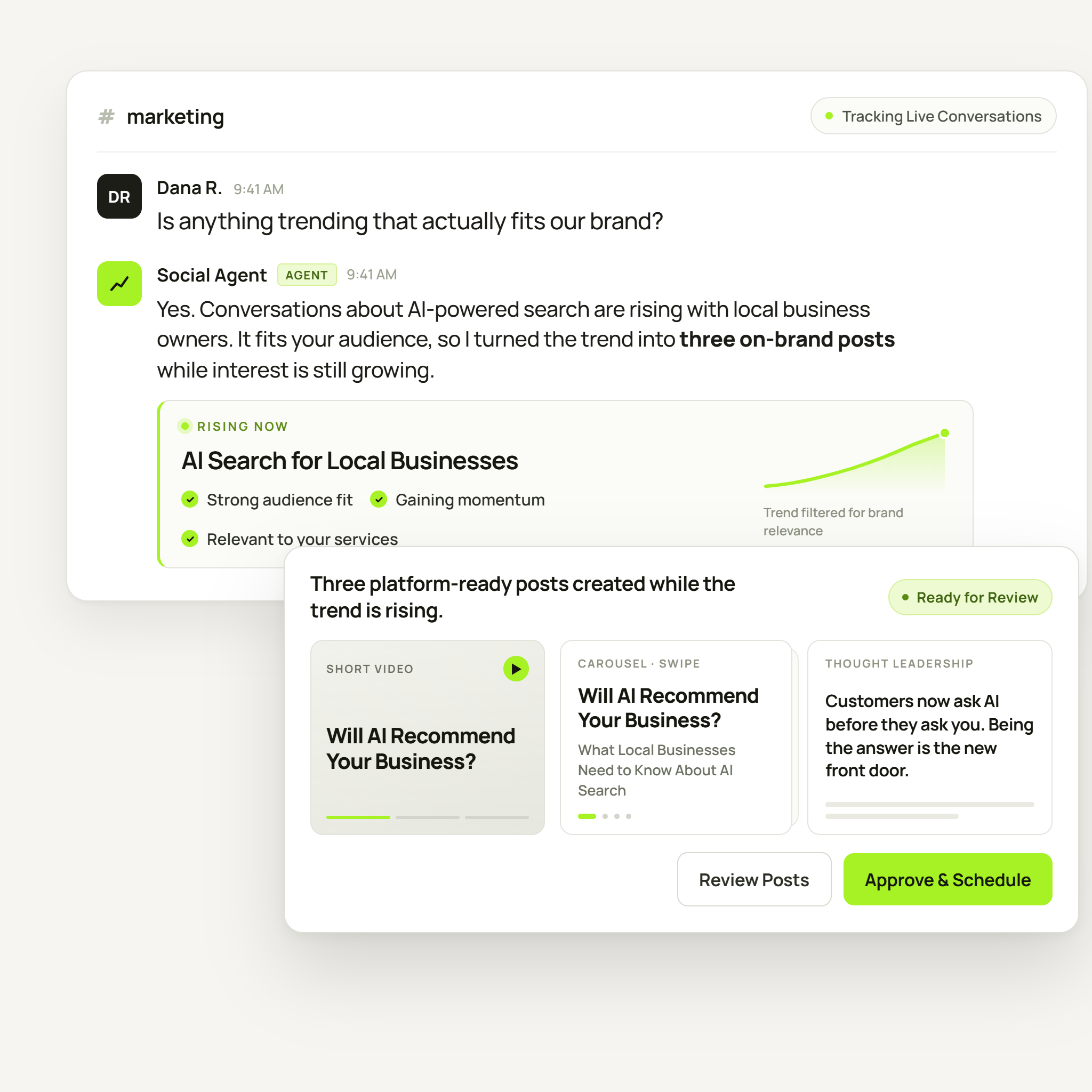 Customer Engagement Agent messaging and follow-up interface