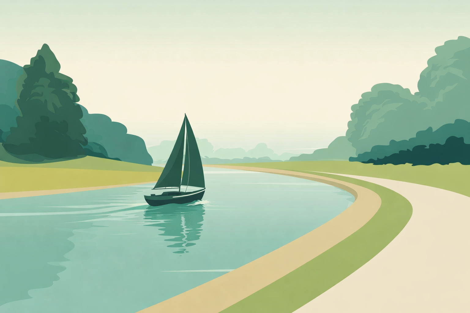 Calm river bending alongside a light-colored walking path with trees and greenery on both sides under a pale sky.