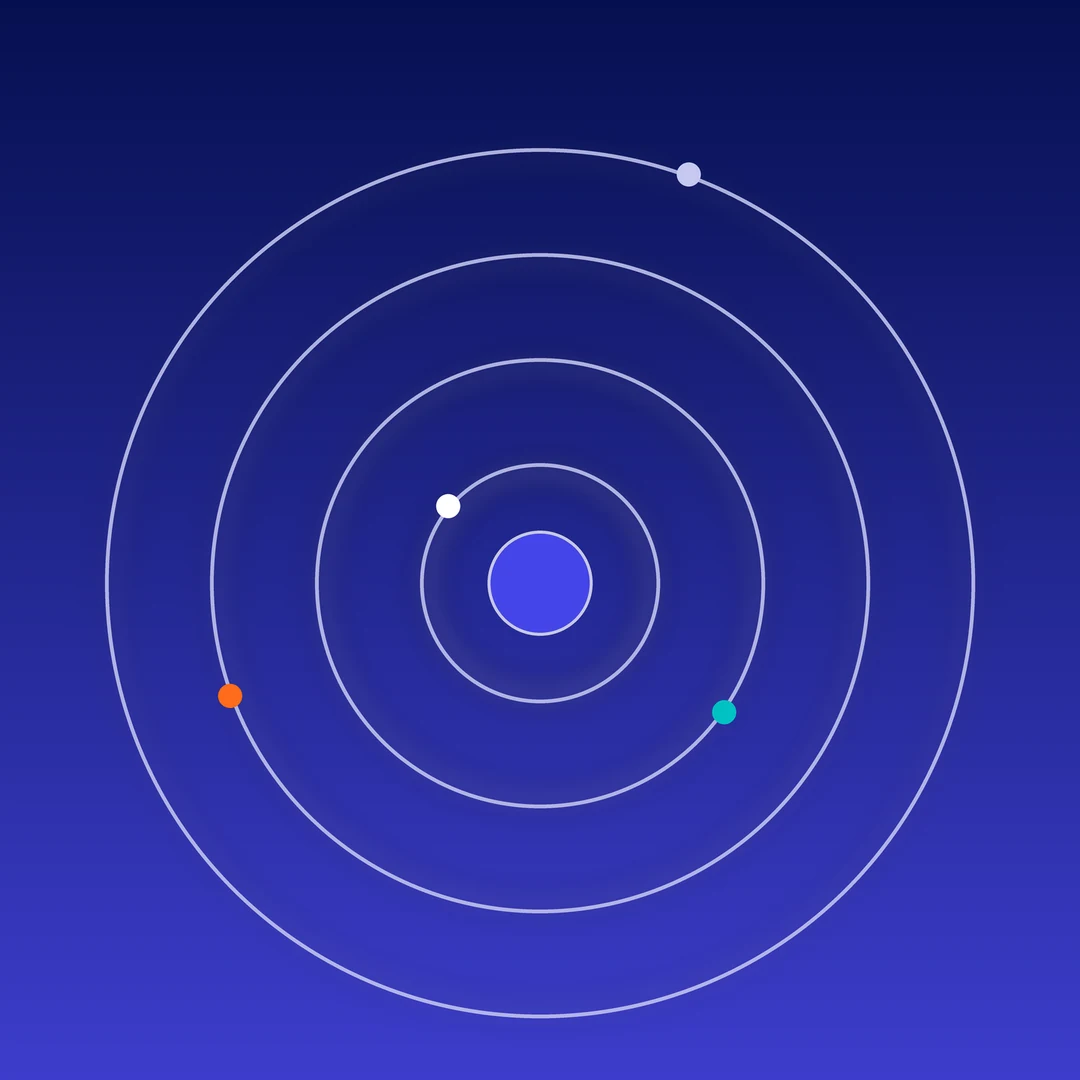 Orbital rings with small planets on a navy and blue gradient, representing AI search optimisation
