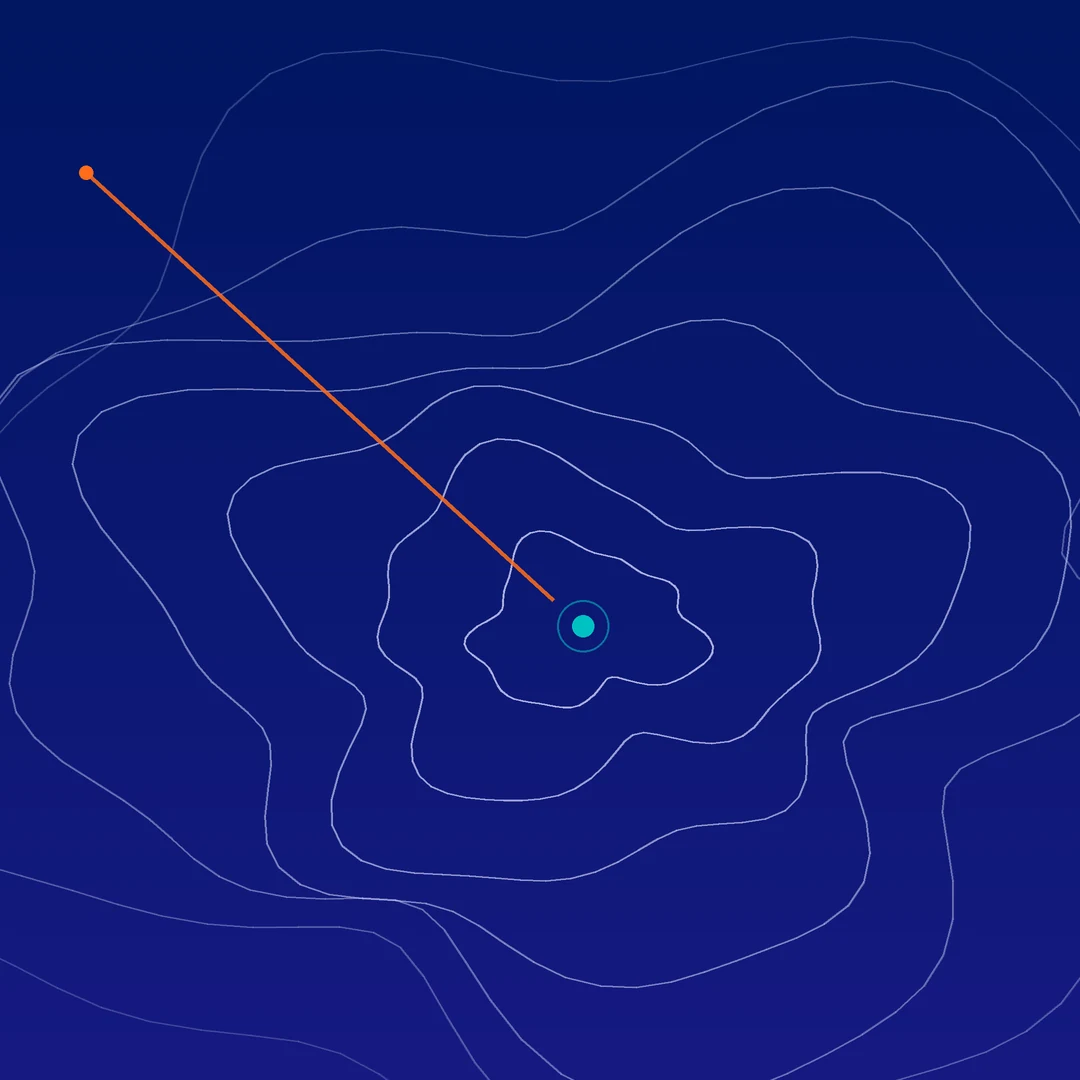 Topographic contour lines with a teal summit marker and orange bearing line, representing finding the right SEO partner in Edinburgh