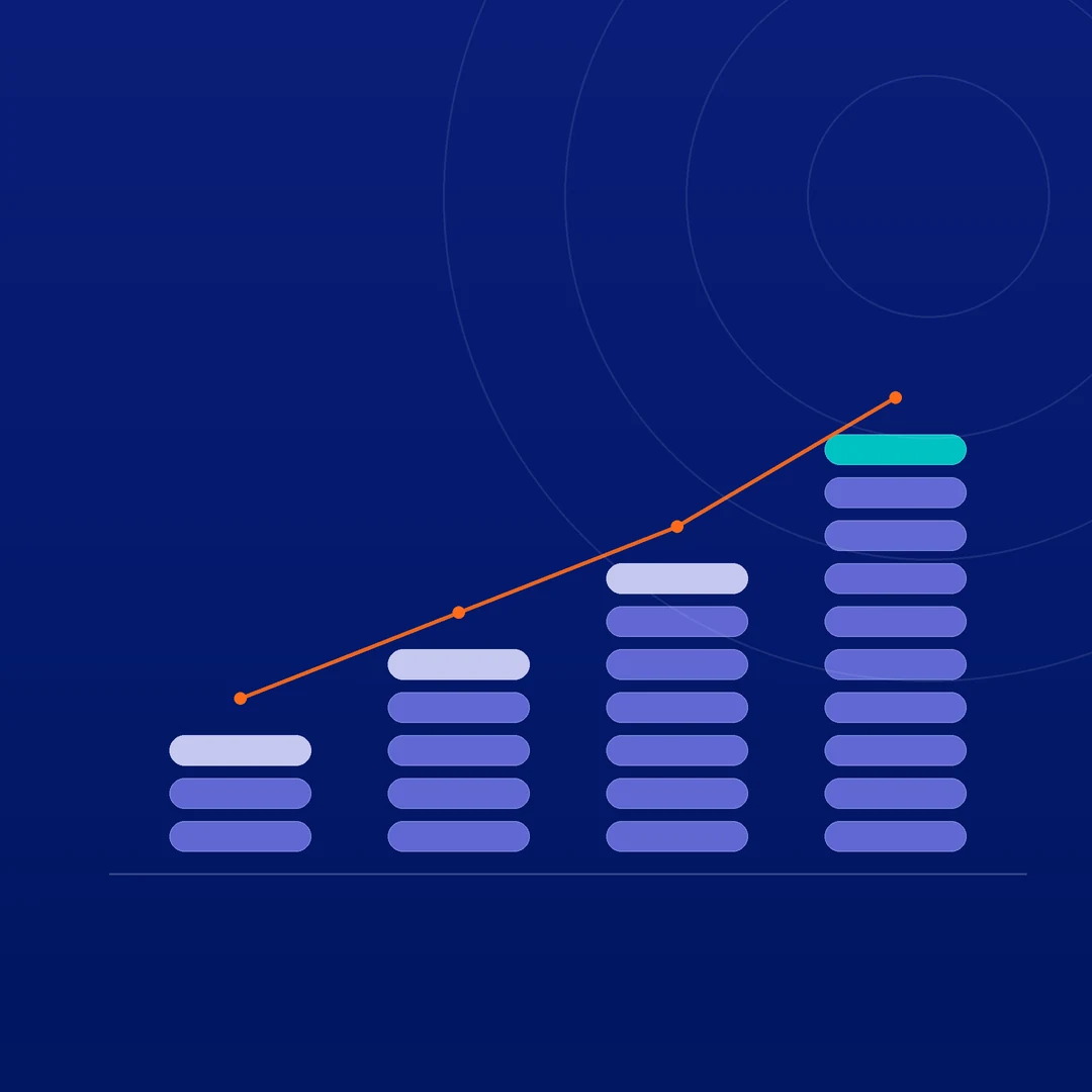 Rising stacks of discs with an orange trend line, representing SEO investment levels and returns