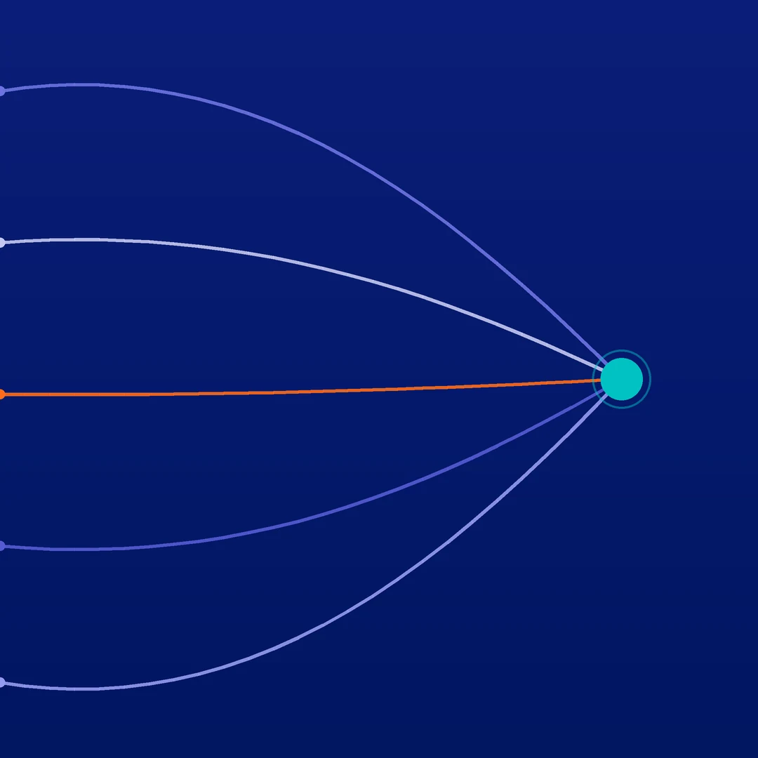 Five coloured paths converging on a single teal conversion point